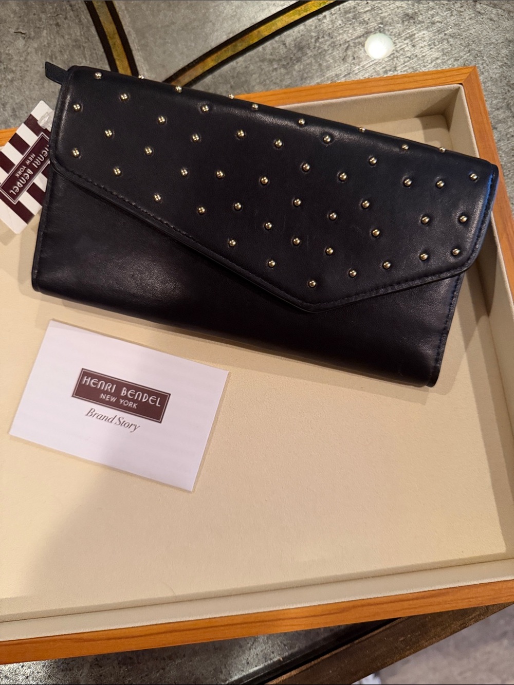 Henri Bendel NY Black Leather Envelope Clutch w/Gold-tone Studded Detail NWT